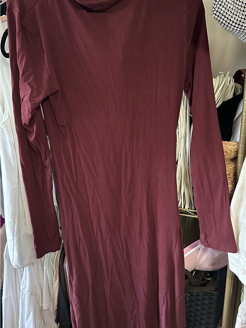 Commense Asymmetrical Neck Long Sleeve Ruched Maxi Dress in Burgundy Brown - Picture 6 of 7